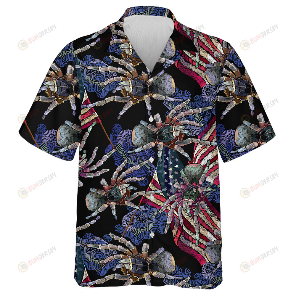 Embroidery Spider Rippled American Flag Night Sky Hawaiian Shirt