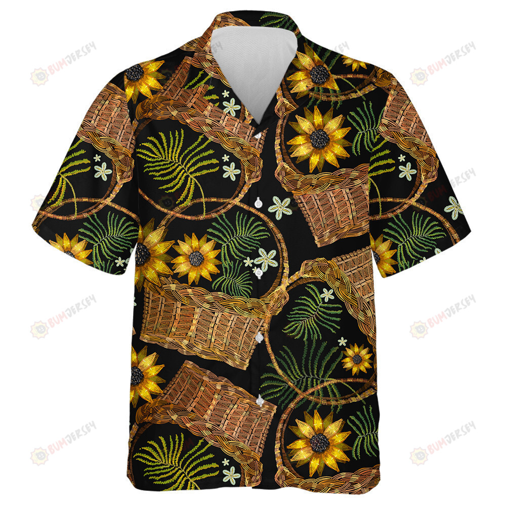 Embroidery Wicker Baskets And Sunflowers Vintage Garden Background Hawaiian Shirt
