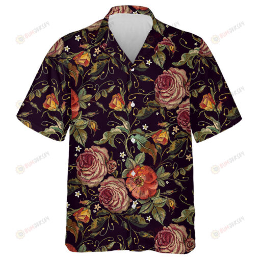 Embroidery Wild Red Rose Peonies Pattern Black Theme Design Hawaiian Shirt