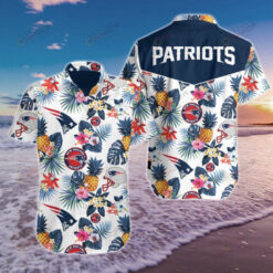 England Patriots Leaf & Pineapple Pattern Curved Hawaiian Shirt In Blue & White