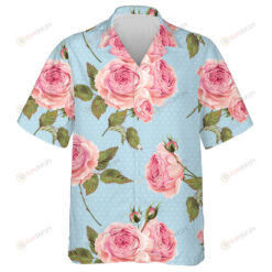 English Rose In Pale Pink Tiny Dots On Blue Background Design Hawaiian Shirt