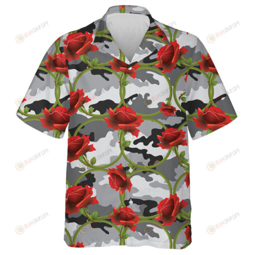 Enticing Red Rose Circle On Gray Camo Pattern Hawaiian Shirt