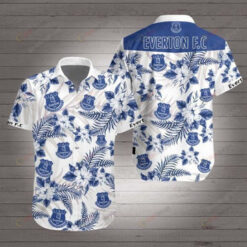 Everton F.C Floral & Leaf Pattern Curved Hawaiian Shirt In White & Blue