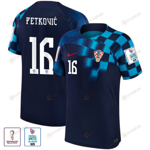 FIFA World Cup Qatar 2022 Croatia National Team Bruno Petkovi? 16 - Away Men Jersey With Patch