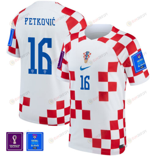 FIFA World Cup Qatar 2022 Croatia National Team Bruno Petkovi? 16 - Home Jersey With Patch