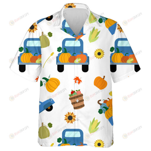 Fall Harvest Blue Truck With Orange Brown Pumpkins Sunflowers Hawaiian Shirt