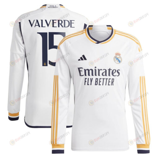 Federico Valverde 15 Real Madrid 2023/24 Home Men Long Sleeve Jersey - White