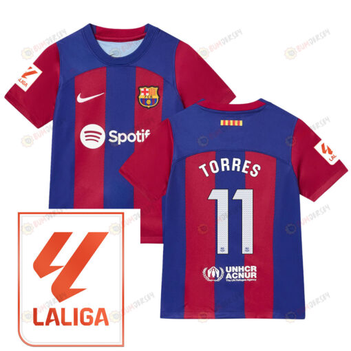 Ferran Torres 11 Barcelona 2023/24 With LaLiga Badge Home Youth Jersey