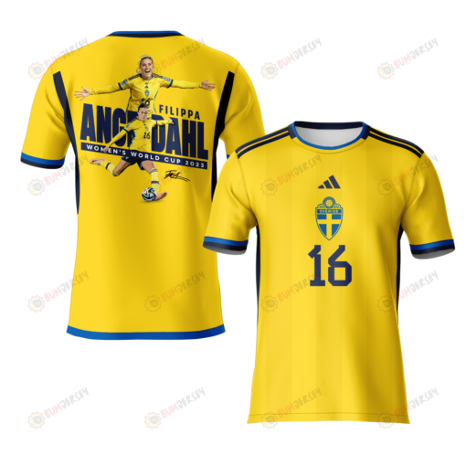 Filippa Angeldahl 16 Signed Sweden 2023 Road To World Cup Champions Youth Home Jersey - Yellow - All Over Printed Jersey