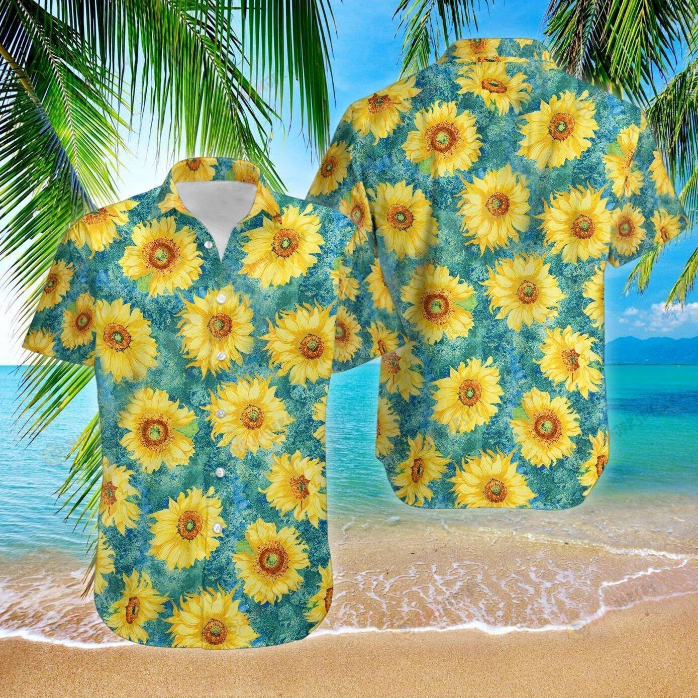 Find Sunflower Yellow Floral Curved Hawaiian Shirt In Blue
