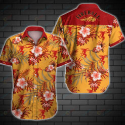 Fireball Cinnamon Leaf & Flower Pattern Curved Hawaiian Shirt In Red & Yellow