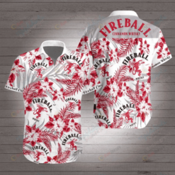 Fireball Cinnamon Whisky Leaf & Flower Pattern Curved Hawaiian Shirt In White & Red