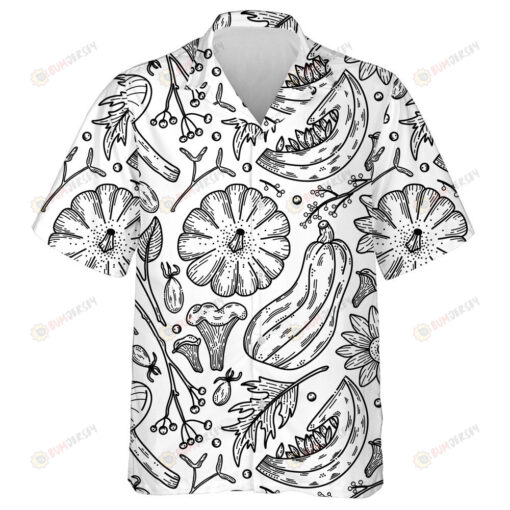 Floral And Vegetable Line Art Illustration With Pumpkins And Sunflowers Hawaiian Shirt