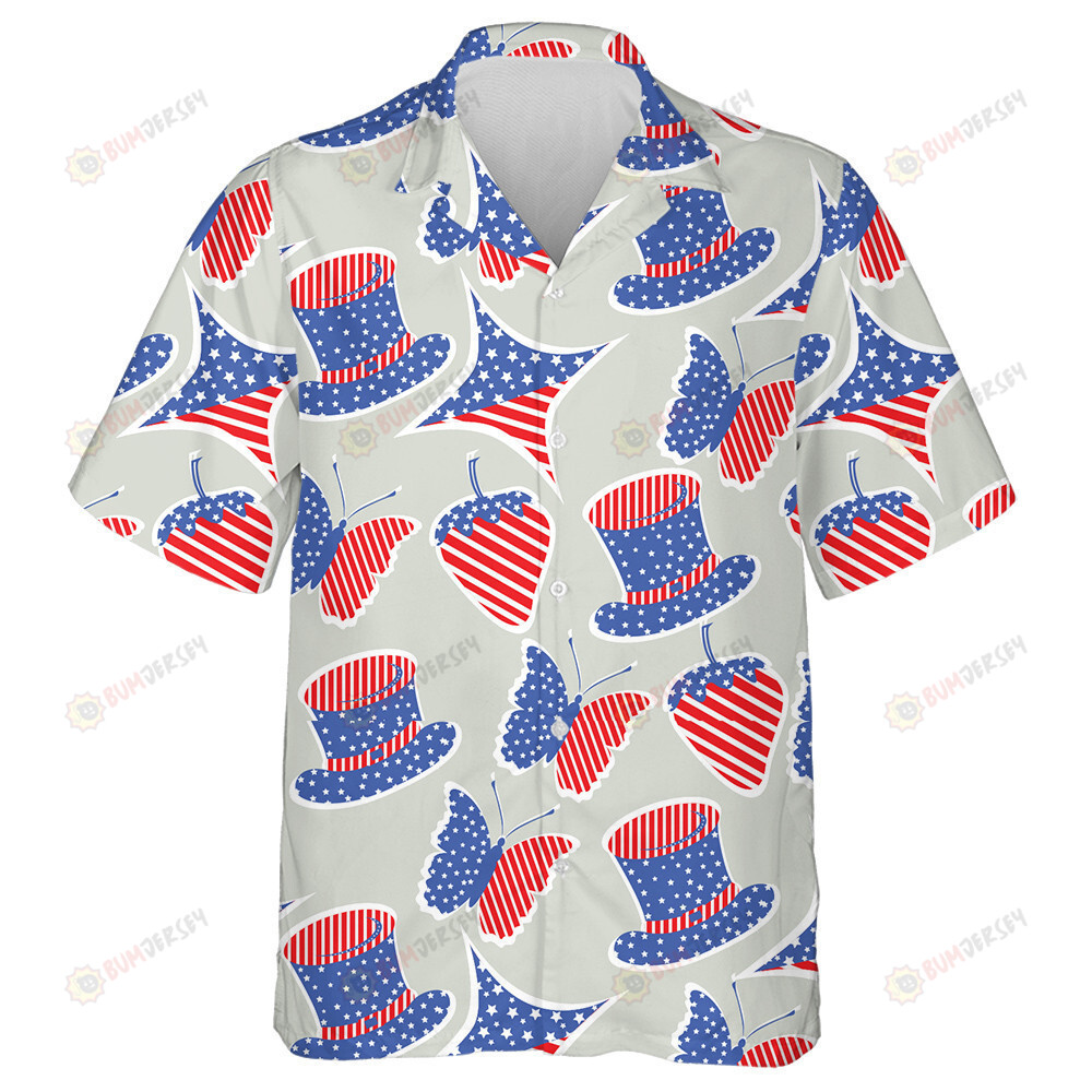 Flying Butterfly Strawberry Uncle Sam Hat And Stars Pattern Hawaiian Shirt