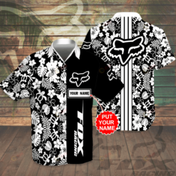 Fox Racing Logo Black Custom Name Hawaiian Shirt With Floral Pattern
