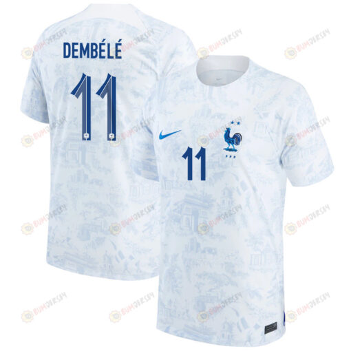 France National Team 2022-23 Ousmane Demb?l? 11 Away Men Jersey - White/Blue