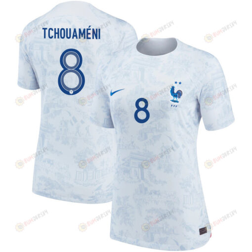 France National Team 2022-23 Qatar World Cup Aur?lien Tchouam?ni 8 Away Women Jersey - White/Blue