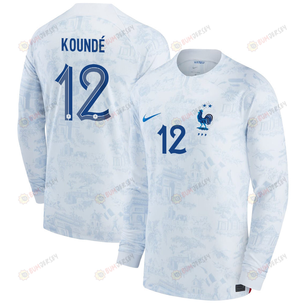 France National Team 2022-23 Qatar World Cup Jules Kounde 12 Men Long Sleeve Jersey- Away