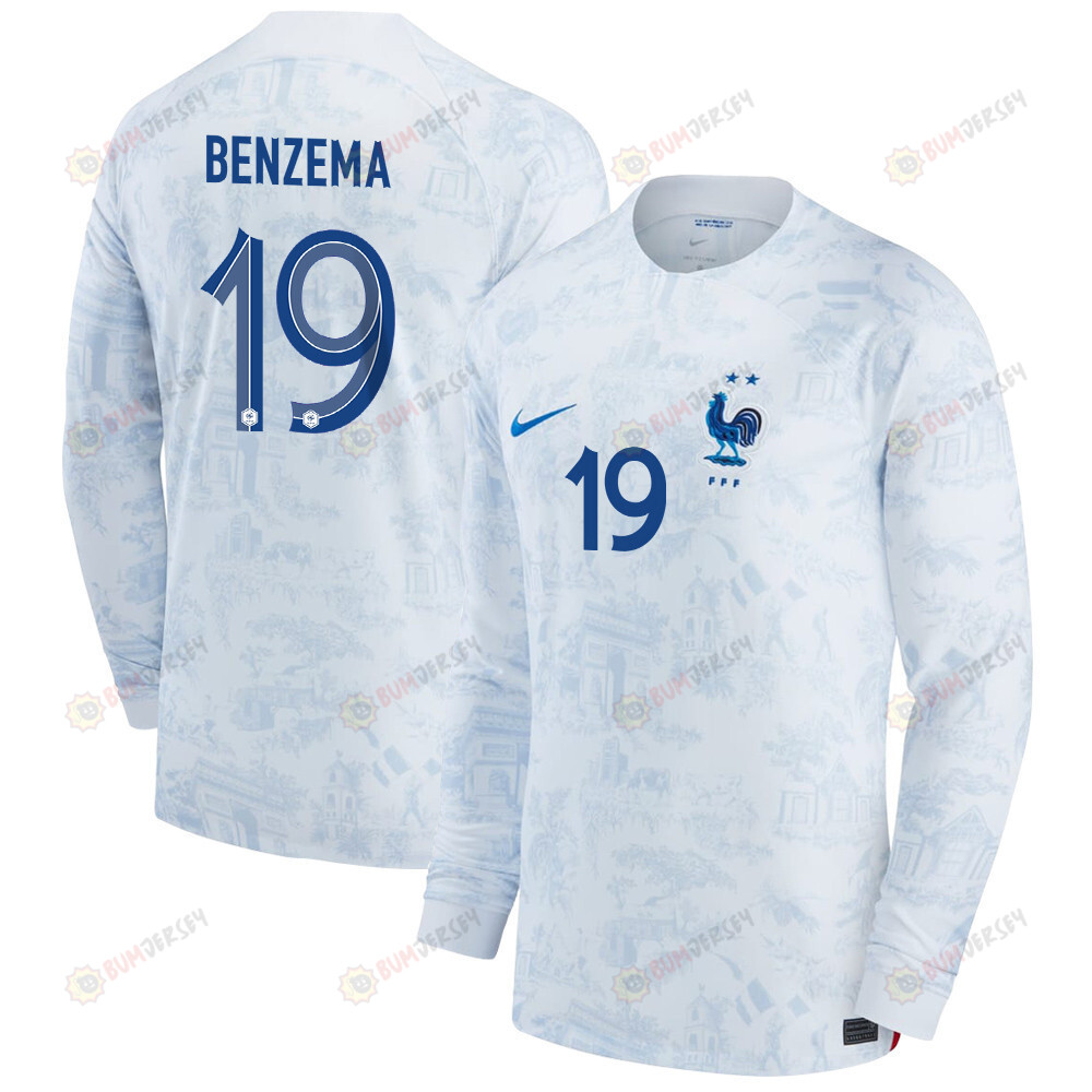 France National Team 2022-23 Qatar World Cup Karim Benzema 19 Men Long Sleeve Jersey- Away