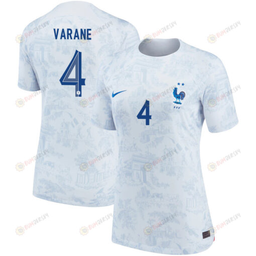 France National Team 2022-23 Qatar World Cup Rapha?l Varane 4 Away Women Jersey - White/Blue