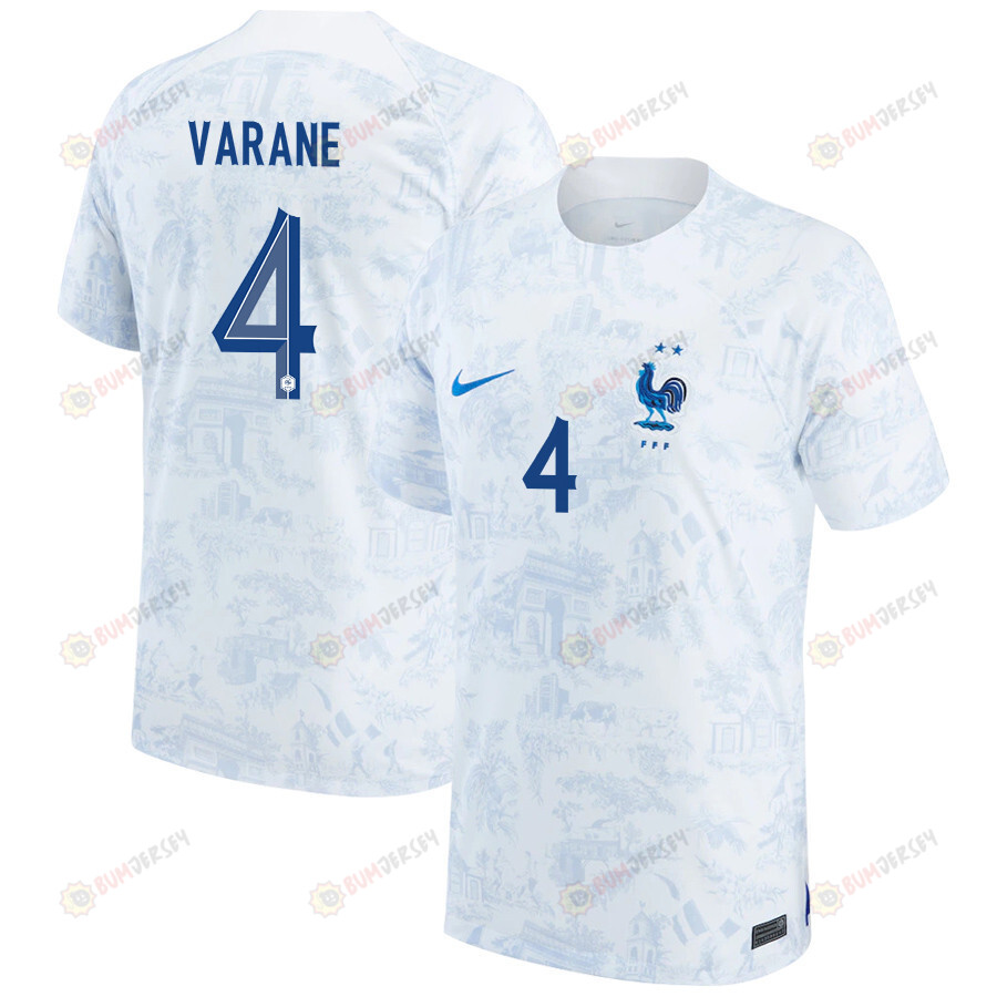France National Team 2022-23 Rapha?l Varane 4 Away Men Jersey - White/Blue