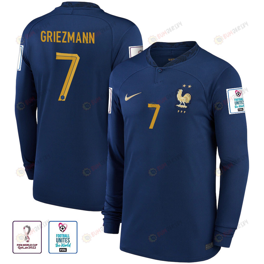France National Team FIFA World Cup Qatar 2022 Patch Antoine Griezmann 7 - Men Long Sleeve Jersey, Home