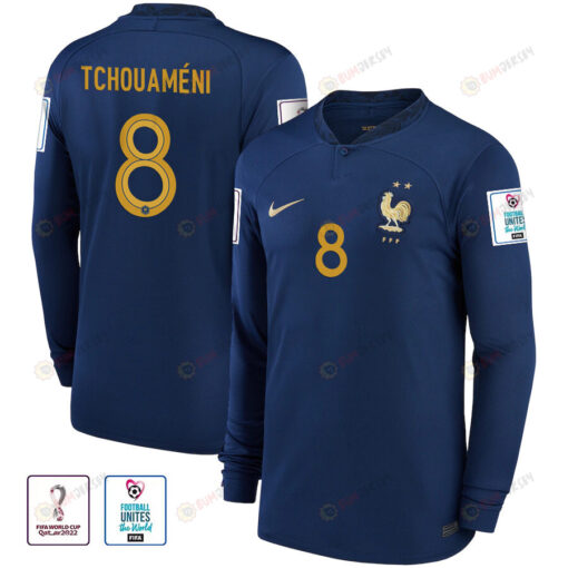 France National Team FIFA World Cup Qatar 2022 Patch Aurelien Tchouameni 8 - Men Long Sleeve Jersey