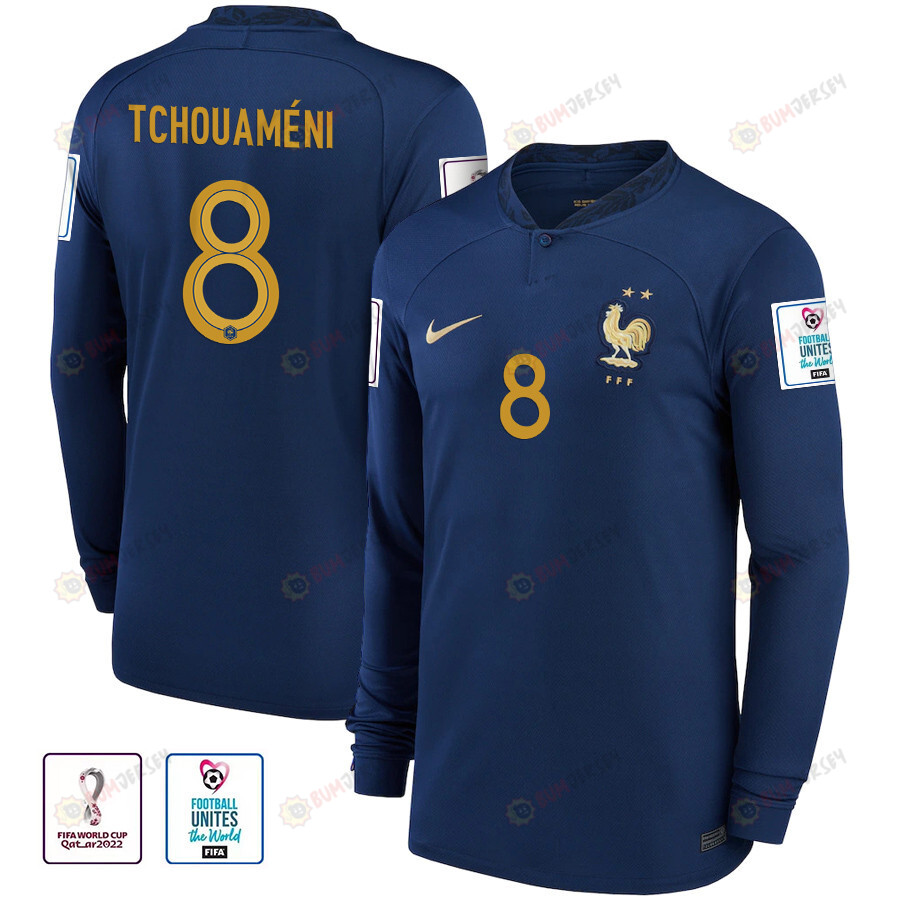 France National Team FIFA World Cup Qatar 2022 Patch Aurelien Tchouameni 8 - Men Long Sleeve Jersey, Home