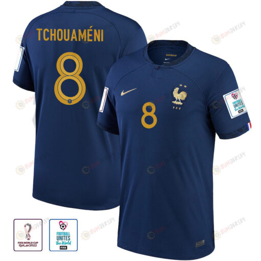 France National Team FIFA World Cup Qatar 2022 Patch Aur?lien Tchouam?ni 8 Home Men Jersey