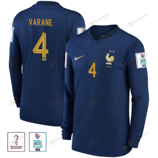 France National Team FIFA World Cup Qatar 2022 Patch Rapha?l Varane 4 - Men Home Long Sleeve Jersey