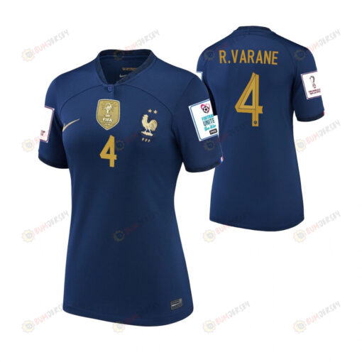 France National Team Raphael Varane 4 FIFA World Cup Qatar 2022 Patch - Home Women Jersey