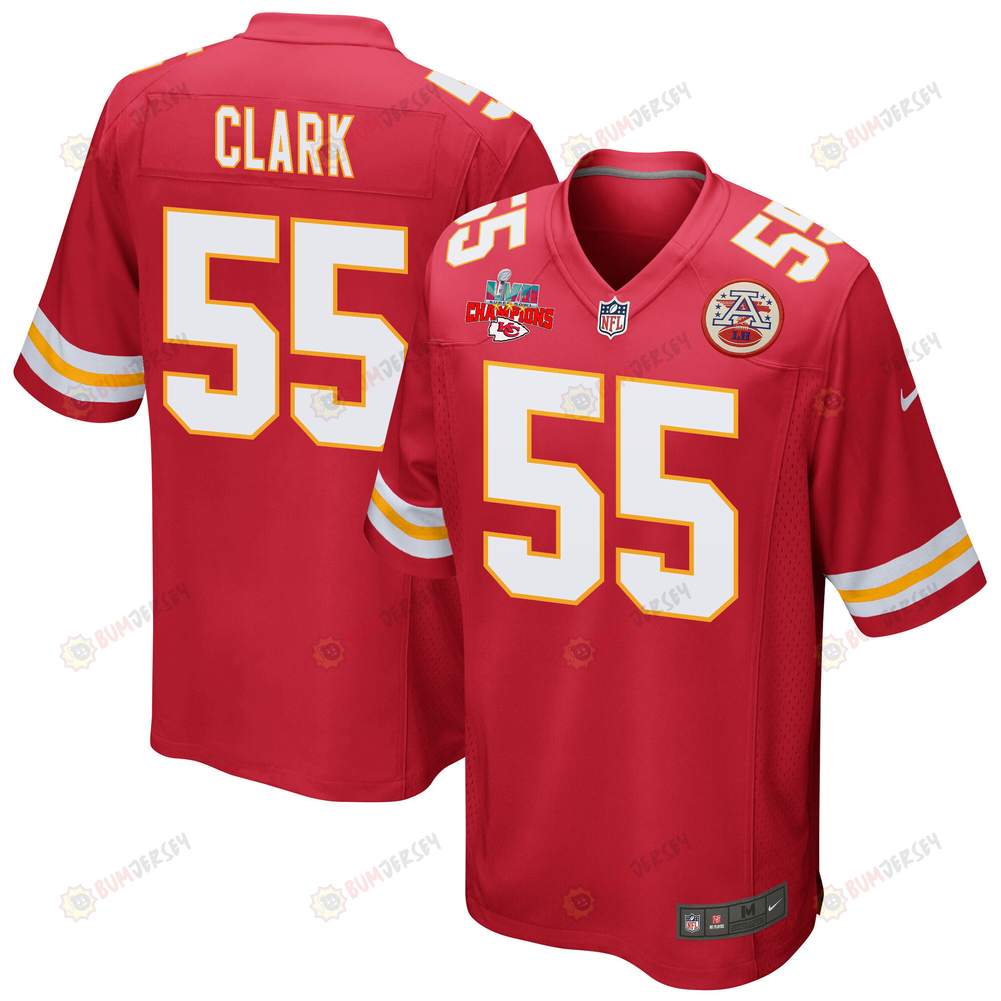 Frank Clark 55 Kansas City Chiefs Super Bowl LVII Champions 3 Stars Men's Jersey - Red