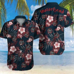 Fructi Motorhead Leaf & Flower Pattern Curved Hawaiian Shirt In Red & Dark Blue