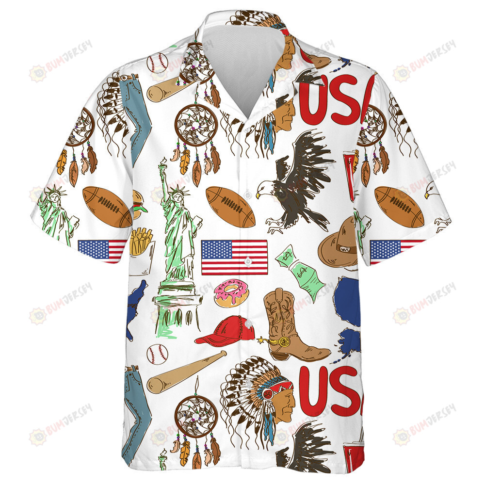 Fun Colorful Sketch America Symbolism On White Background Hawaiian Shirt