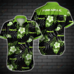 Funkadelic Leaf & Flower Pattern Curved Hawaiian Shirt In Black & Green