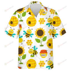 Funny Bees And Icons Of Sunflowers Honey Jar And Hexagon Pattern Hawaiian Shirt