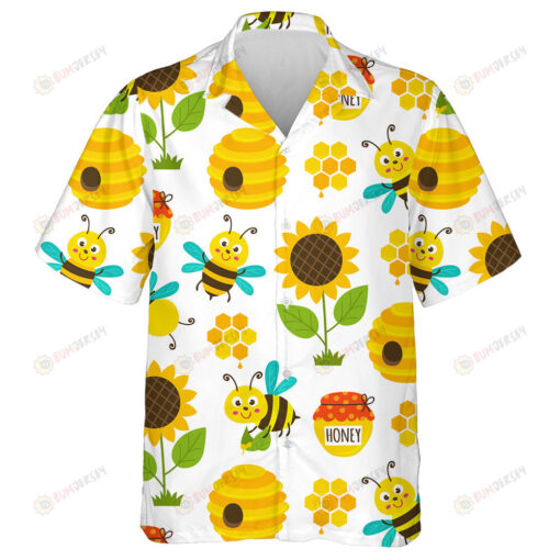 Funny Bees And Icons Of Sunflowers Honey Jar And Hexagon Pattern Hawaiian Shirt