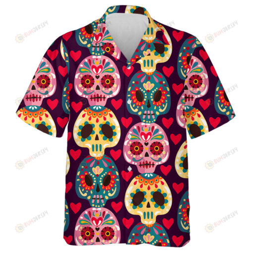 Funny Sugar Skull Mexican And Red Heart Hawaiian Shirt