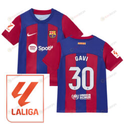 Gavi 30 Barcelona 2023/24 With LaLiga Badge Home Youth Jersey