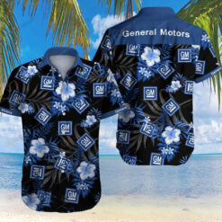 General Motors Blue Floral And Leaves Pattern Curved Hawaiian Shirt