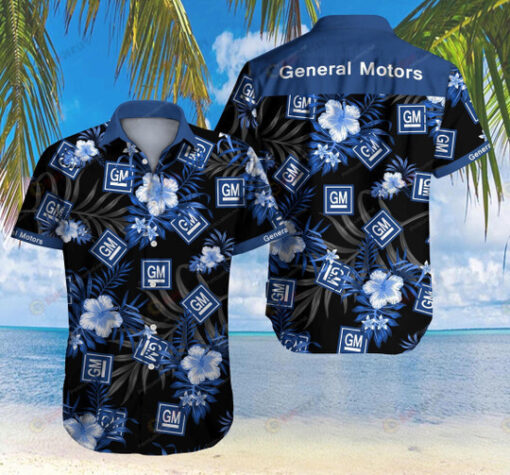 General Motors Blue Floral And Leaves Pattern Curved Hawaiian Shirt