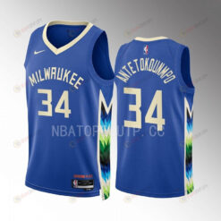 Giannis Antetokounmpo 34 2022-23 Milwaukee Bucks Blue City Edition Jersey Swingman