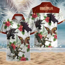 Godzilla Hawaiian Shirt Paisey Pattern In White Background