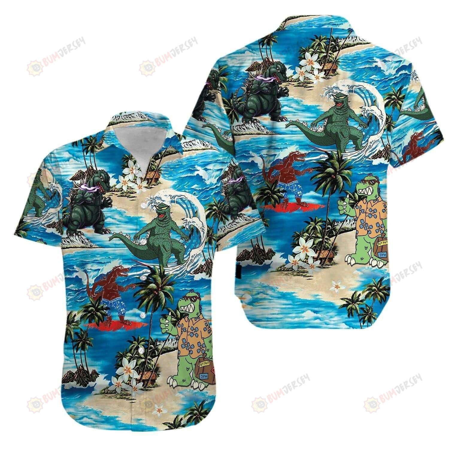 Godzilla Island Ocean Short Sleeve Curved Hawaiian Shirt