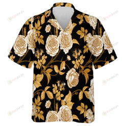 Gold Roses Flowers And Leaves Branches On Black Design Hawaiian Shirt