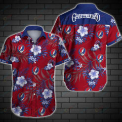 Grateful Dead Floral & Leaf Pattern Curved Hawaiian Shirt In Red & Blue