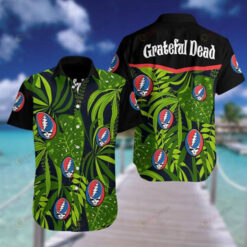 Grateful Dead Leaf Pattern Curved Hawaiian Shirt In Green & Black