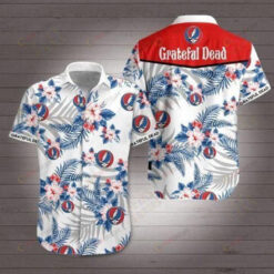 Grateful Dead Leaf & Flower Pattern Curved Hawaiian Shirt In White & Blue
