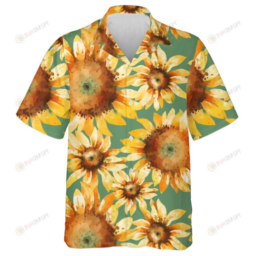 Green Background Watercolor Sunflowers Painting Pattern Hawaiian Shirt