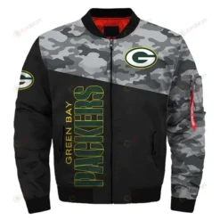 Green Bay Packers Camo Pattern Bomber Jacket - Black And Gray